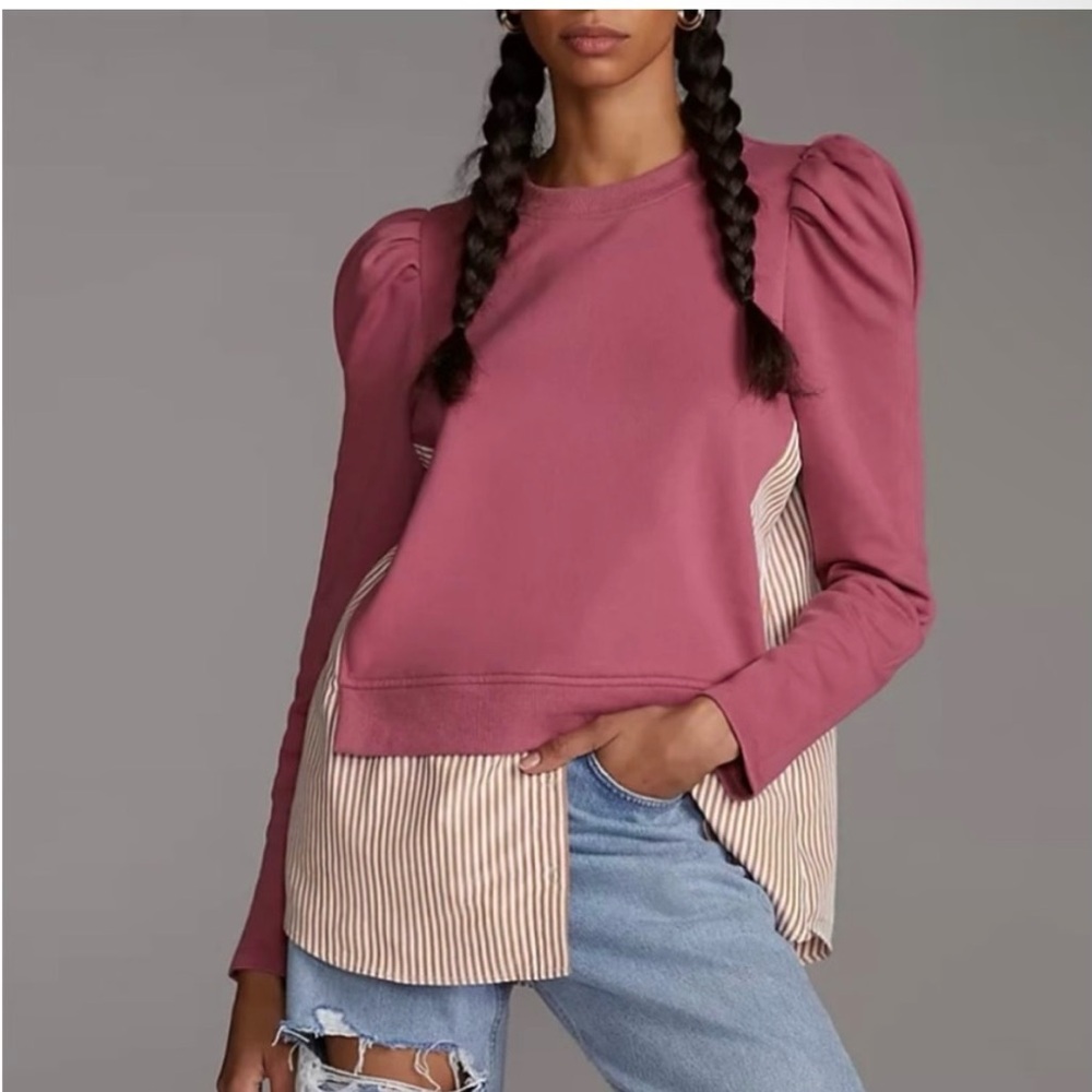 Maeve Sweatshirt/buttondown puff sleeve top.